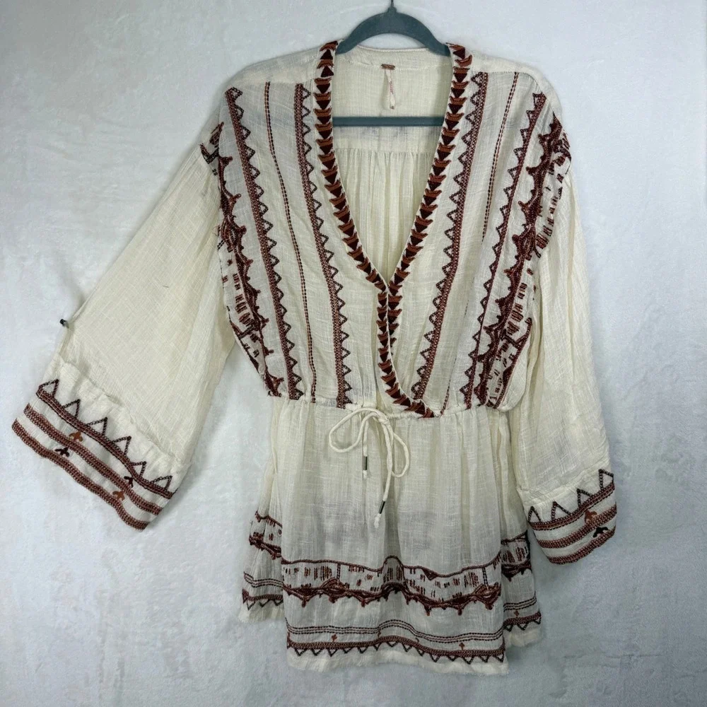 Free People Peplum Top Women Medium Cream Embroidered Bell Sleeve V-Neck Boho - Picture 2 of 10